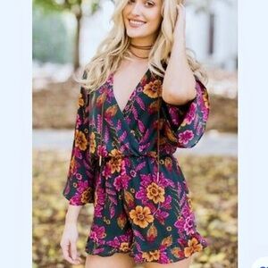 EVERLY Forest Green V Neck Floral Romper with Statement Sleeves and Ruffled Hem